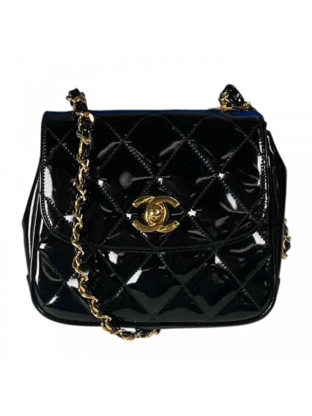 Chanel Shoulder Bag Quilted Enamel Black Gold